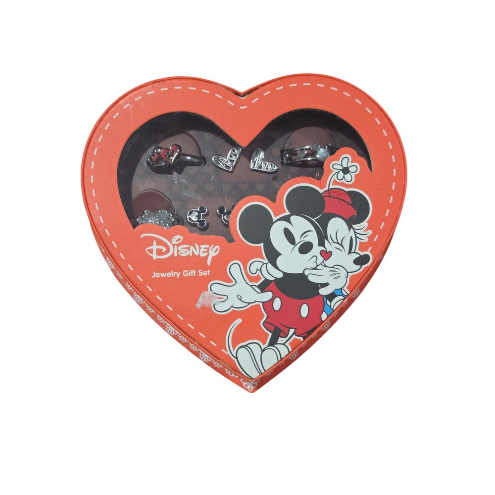 Disney Mickey X Minnie Mouse Silver Jewelry Gift Set 5 Rings 5 Earrings Sz 7